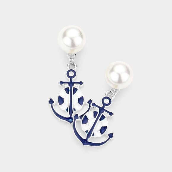 Enamel and Pearl Stud Anchor Dangle Earrings - Picture 2 of 4